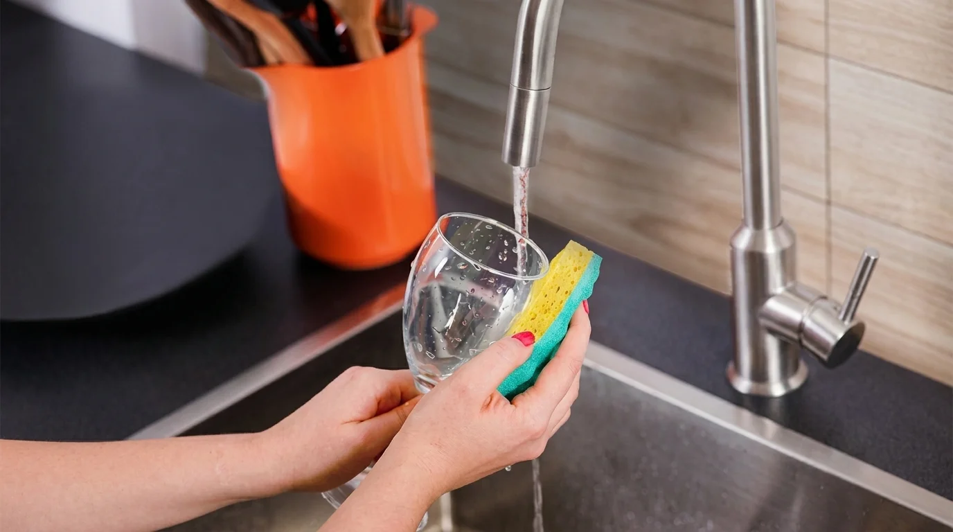 Umývanie skleneného pohára pod tečúcou vodou v dreze pomocou hubky Vileda Glitzi Always Clean.