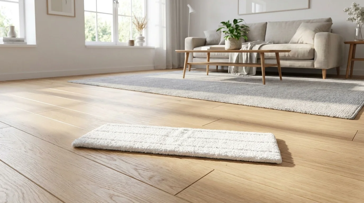 Bílý náhradní návlek na mop Leifheit položený na světlé dřevěné podlaze v moderním obývacím pokoji.