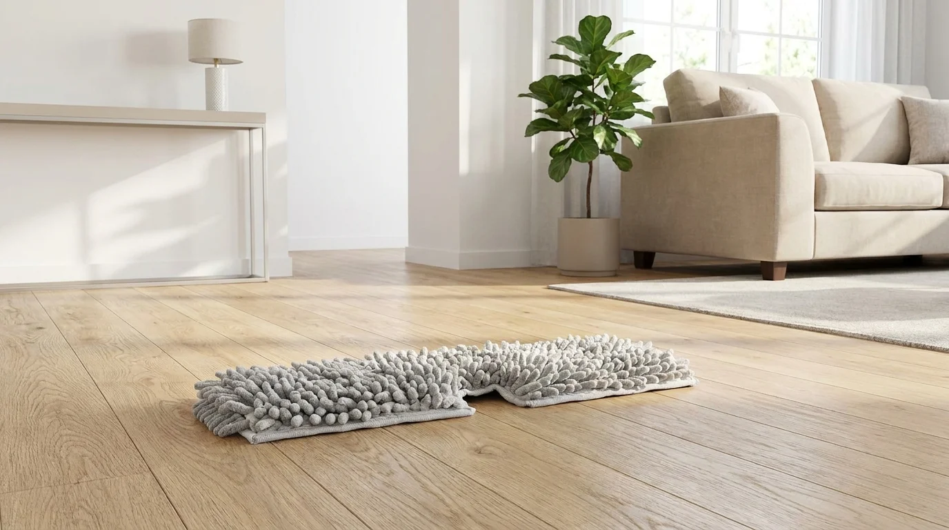 Šedý náhradní návlek na mop Lamart LT8079 Clean z mikrovlákna položený na světlé dřevěné podlaze v obývacím pokoji.