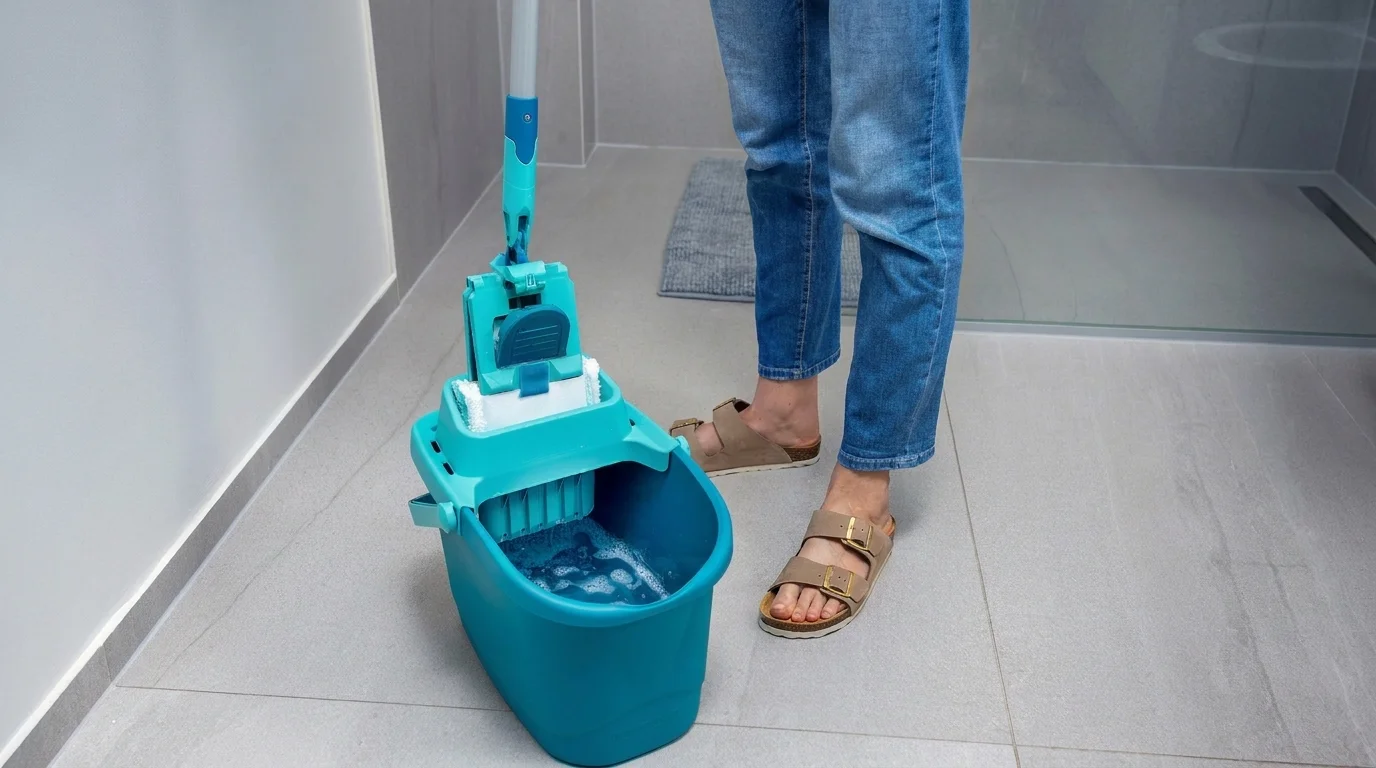 Složený mop Leifheit PowerClean umístěný ve ždímacím nástavci tyrkysového vědra s vodou.