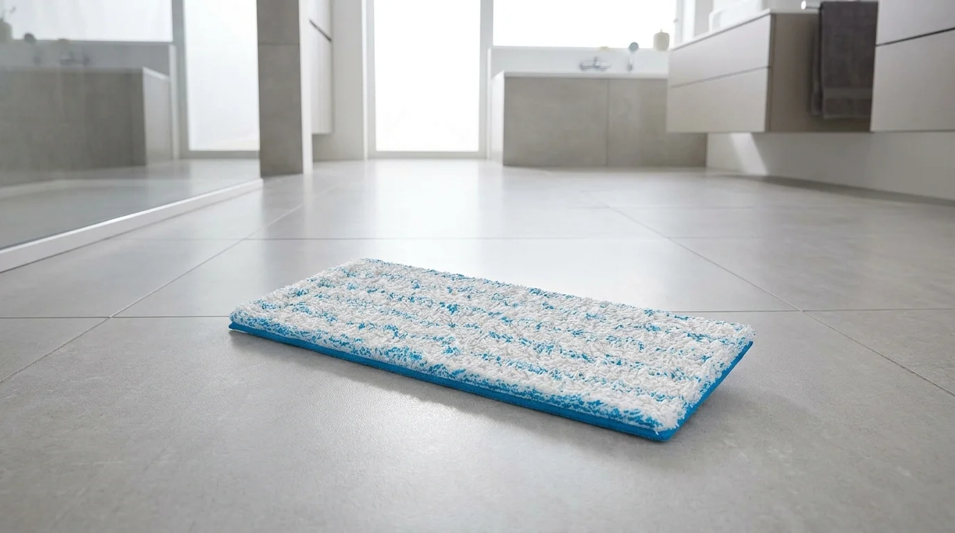 Náhradní mop Leifheit Picobello S Cotton Plus s modrými vlákny ležící na dlážděné podlaze v koupelně.