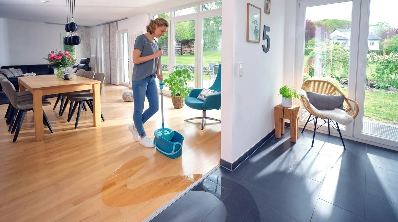 Žena používá mop sadu Leifheit Clean Twist Disc Ergo s vědrem při vytírání dřevěné podlahy a dlažby v obývacím pokoji.