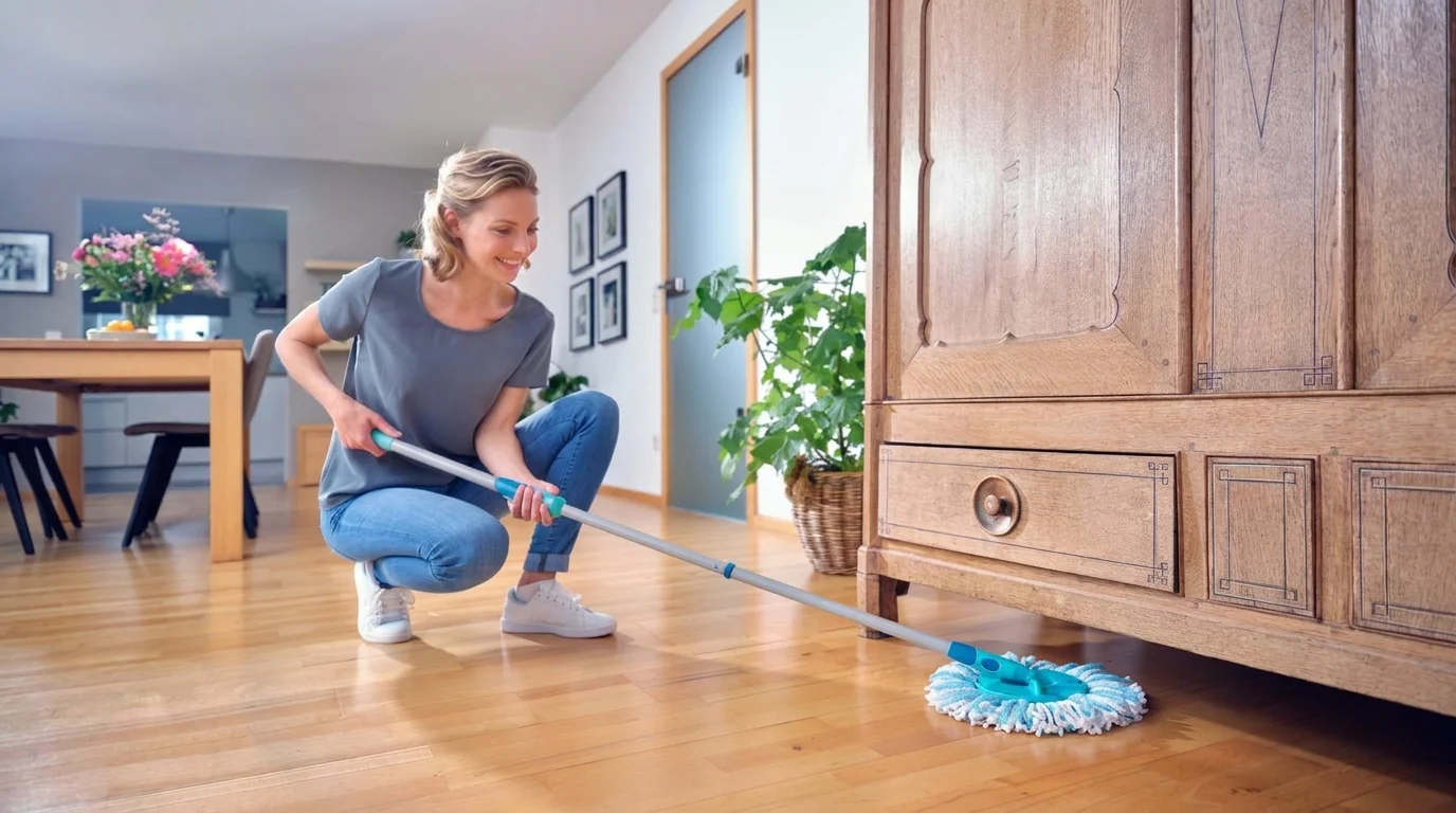 Žena vytírá dřevěnou podlahu pod skříní pomocí mopu Leifheit Clean Twist Disc Ergo.