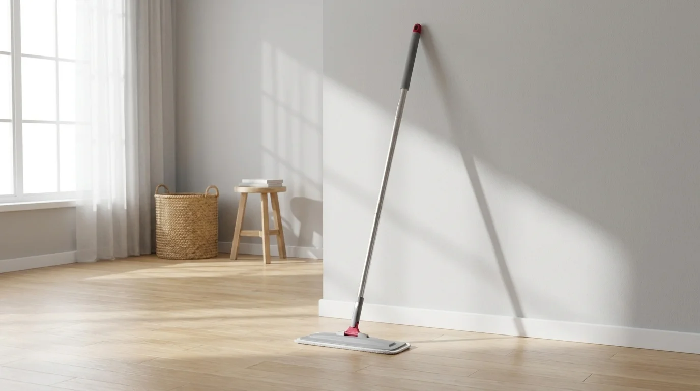Plochý mop Lamart LT8060 Clean opretý o stenu na drevenej podlahe vo svetlej miestnosti.