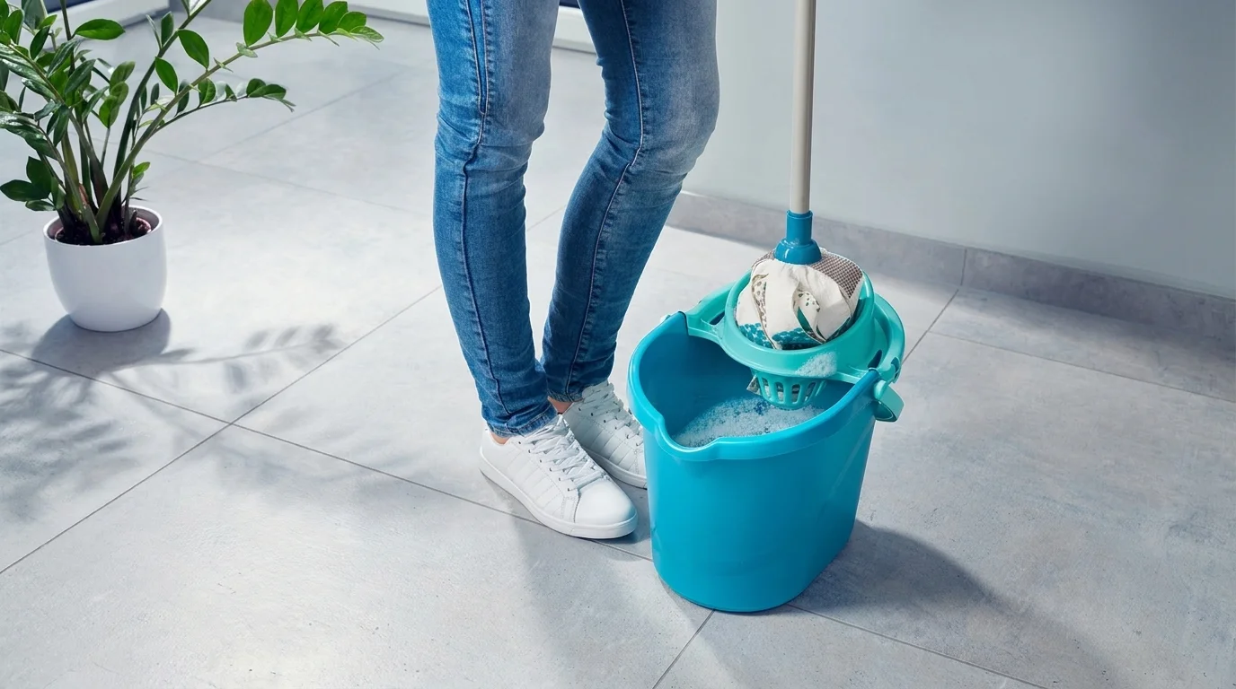 Ždímání třásňového mopu Leifheit Power Mop 3v1 v nástavci modrého vědra na dlážděné podlaze.