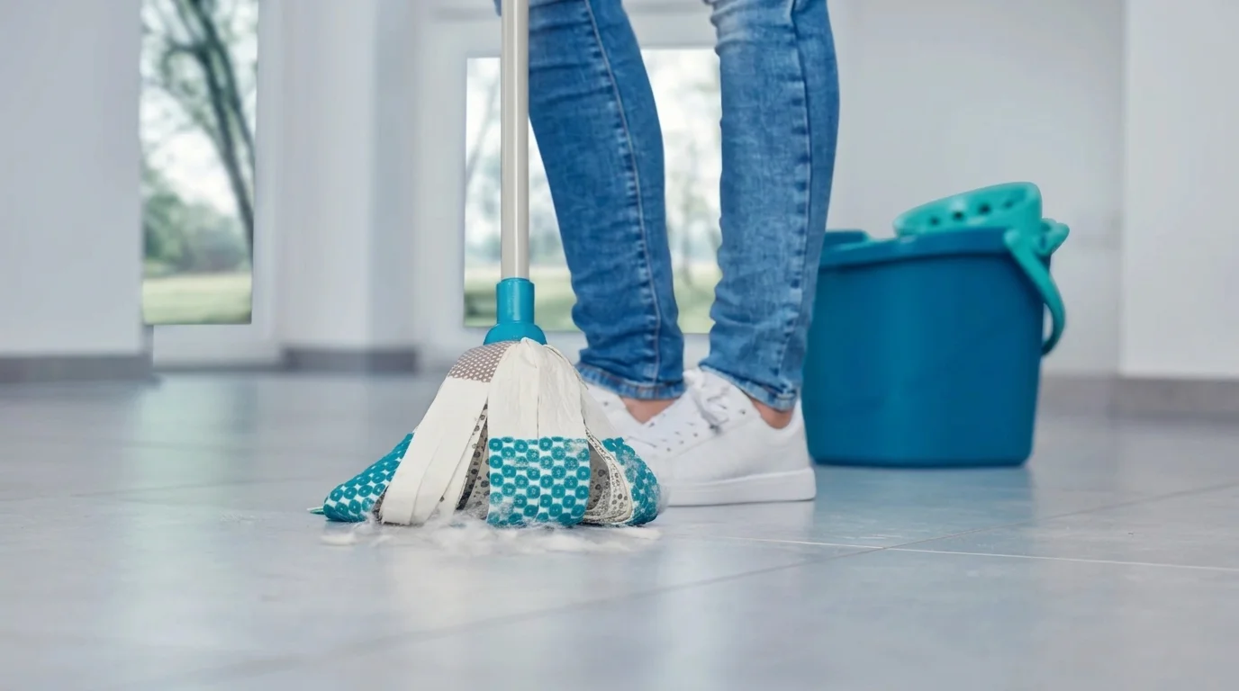 Vytírání dlažby třásňovým mopem Leifheit Power Mop 3v1 s modrým vědrem se ždímačem v pozadí.