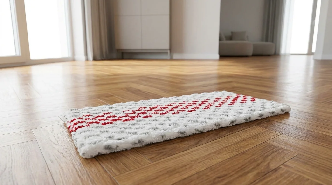 Bílý náhradní návlek pro mop Vileda 1.2 Spray Max s červenými proužky položený na dřevěné podlaze.