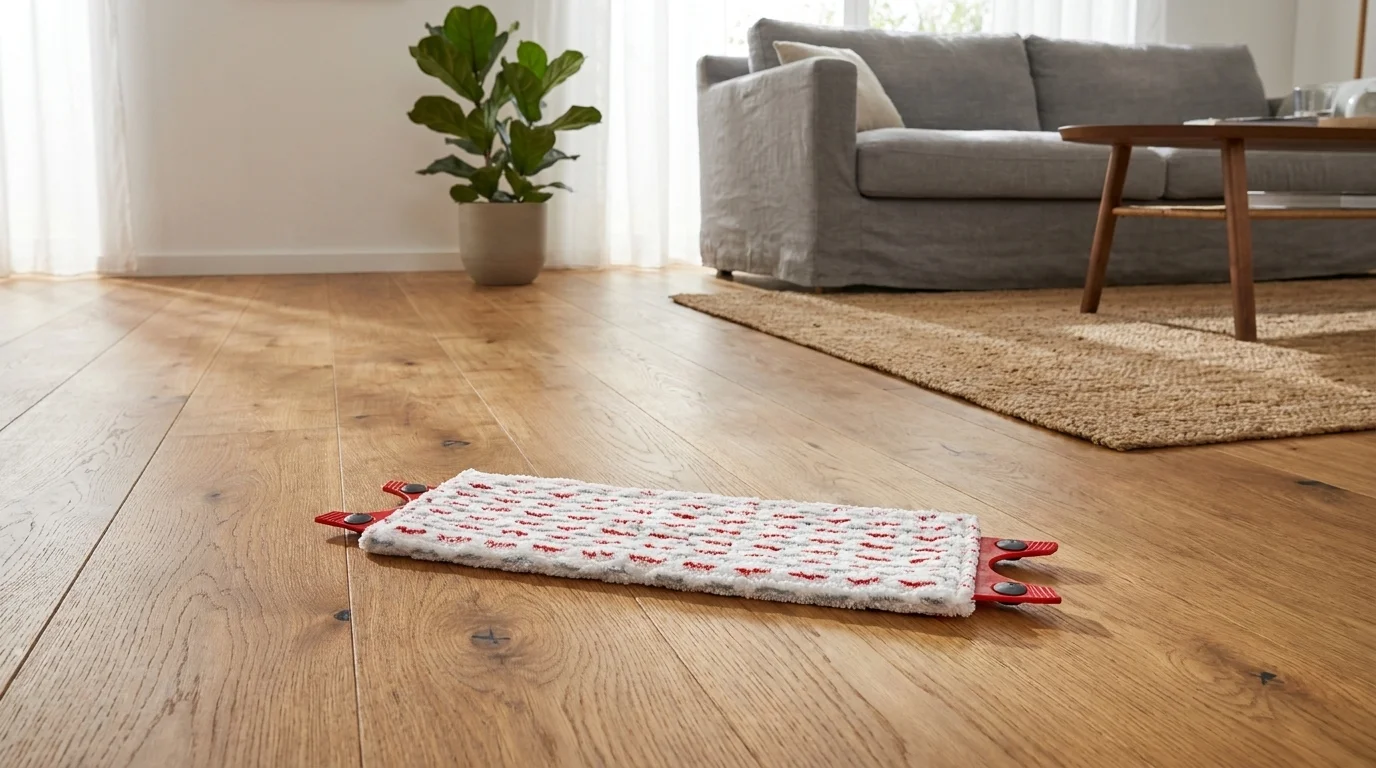 Náhradní návlek na mop Vileda Ultramax XL s červenými vlákny položený na dřevěné podlaze v obývacím pokoji.