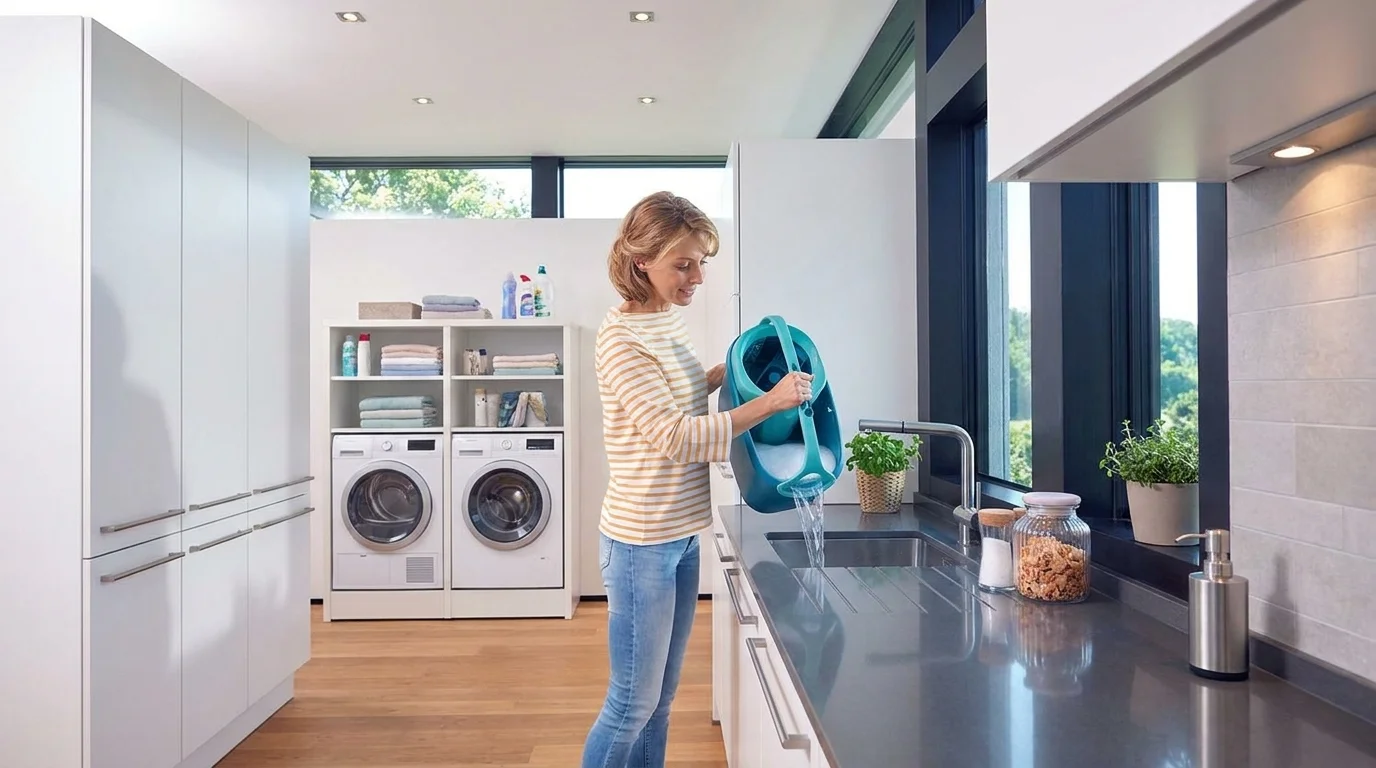 Žena vylévá vodu z tyrkysového vědra mop sady Leifheit Clean Twist M Ergo do dřezu.