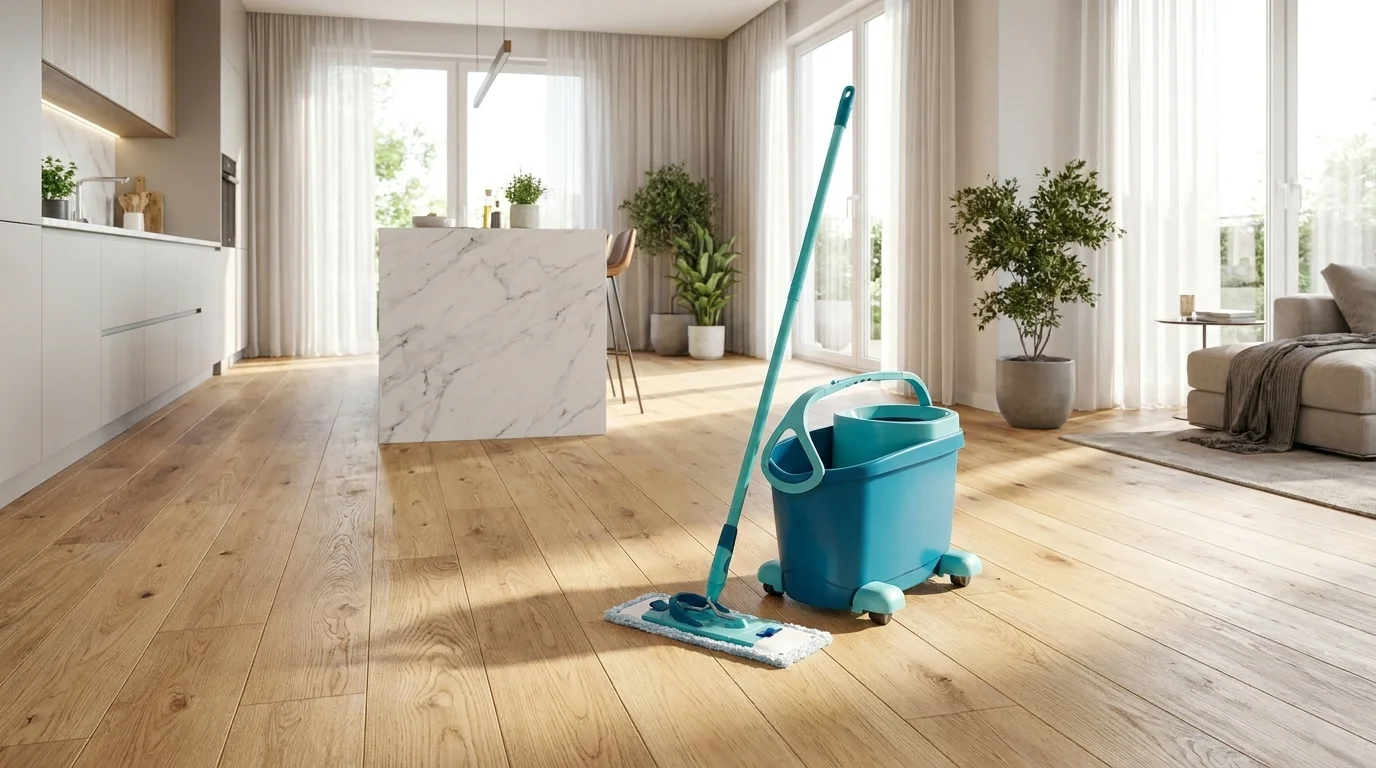 Mop sada Leifheit Clean Twist s vědrem na kolečkách na světlé dřevěné podlaze v moderním pokoji.