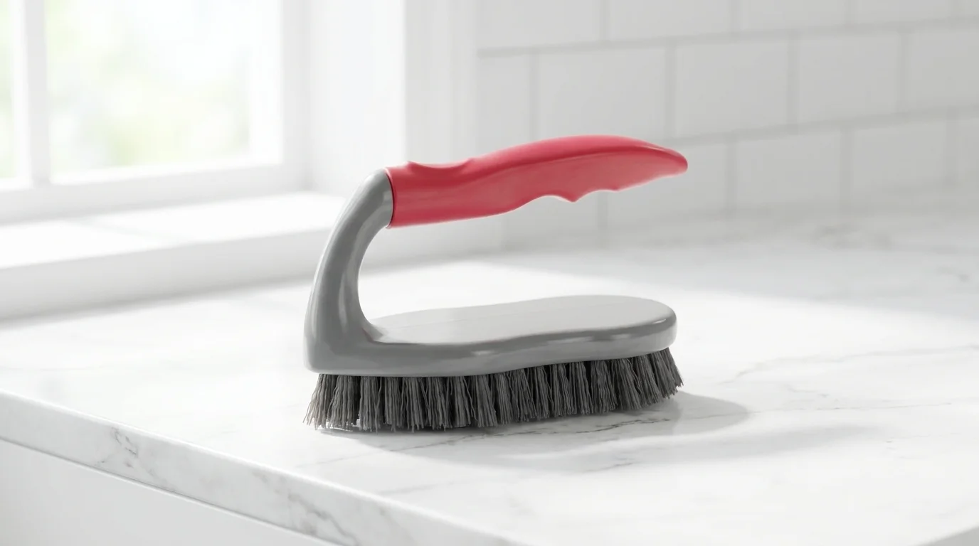 Kefa žehlička Lamart LT8073 Clean s červenou ergonomickou rukoväťou a sivými štetinami položená na svetlej doske.