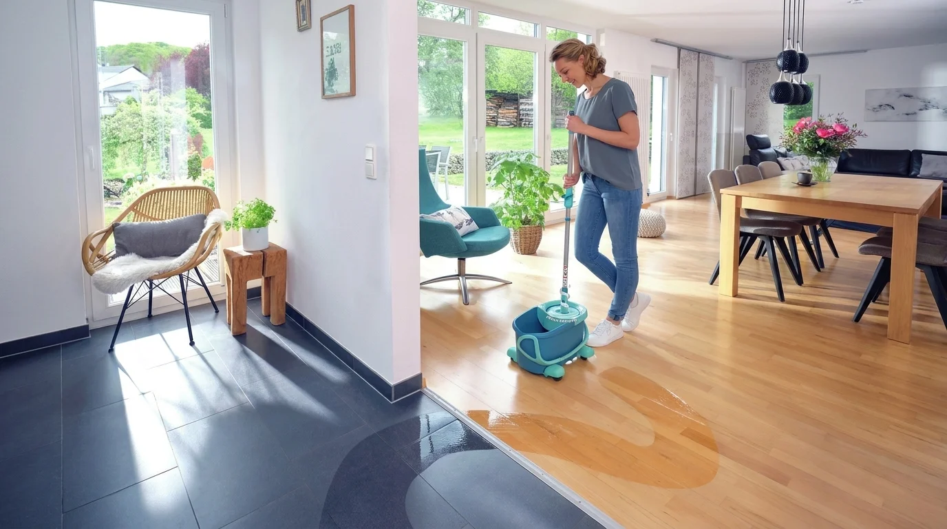 Žena v obývacím pokoji používá úklidovou sadu Leifheit Clean Twist Disc Mobile s kbelíkem na kolečkách a mopem.