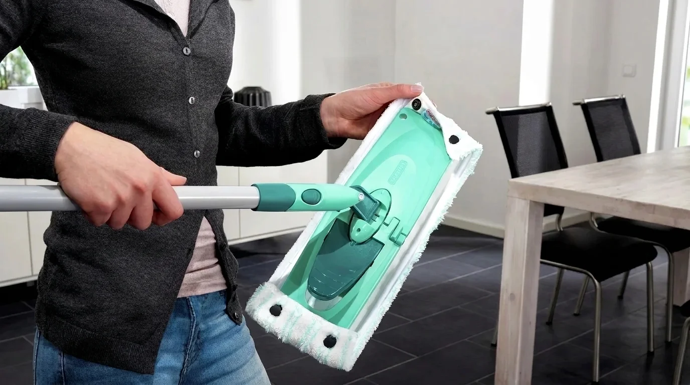 Uchycení náhradního návleku Leifheit Twist Micro Duo na hlavici mopu pomocí patentek.
