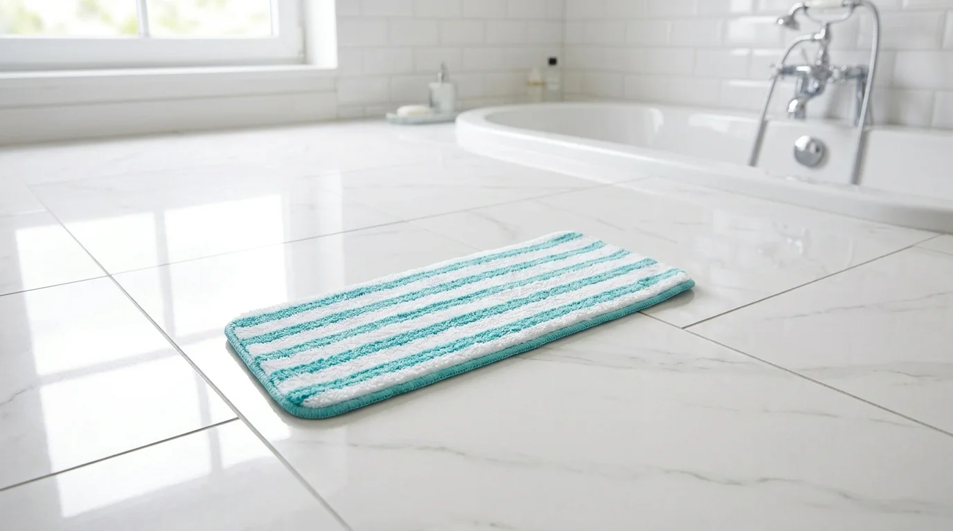 Náhradní mop Leifheit Picobello M Micro Duo z bílo-tyrkysového mikrovlákna položený na světlé dlažbě v koupelně.