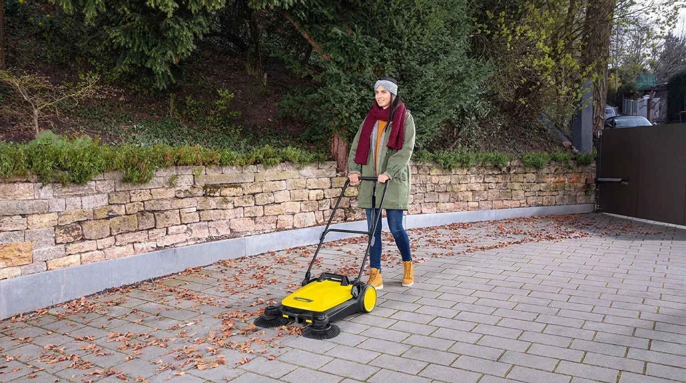 Žena zametá napadané lístie na dláždenom dvore pomocou ručného zametača Kärcher S 4 Twin.