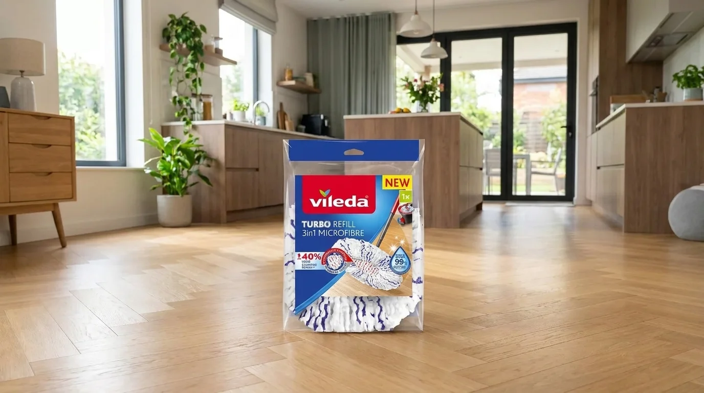Balení náhradní hlavice k mopu Vileda TURBO 3v1 stojící na dřevěné podlaze v moderním interiéru.