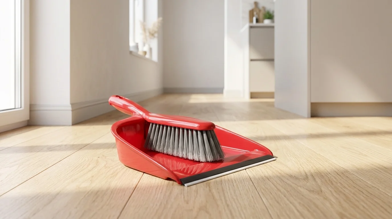 Červený zmetáčik a lopatka Lamart LT8074 Clean položené na svetlej drevenej podlahe.