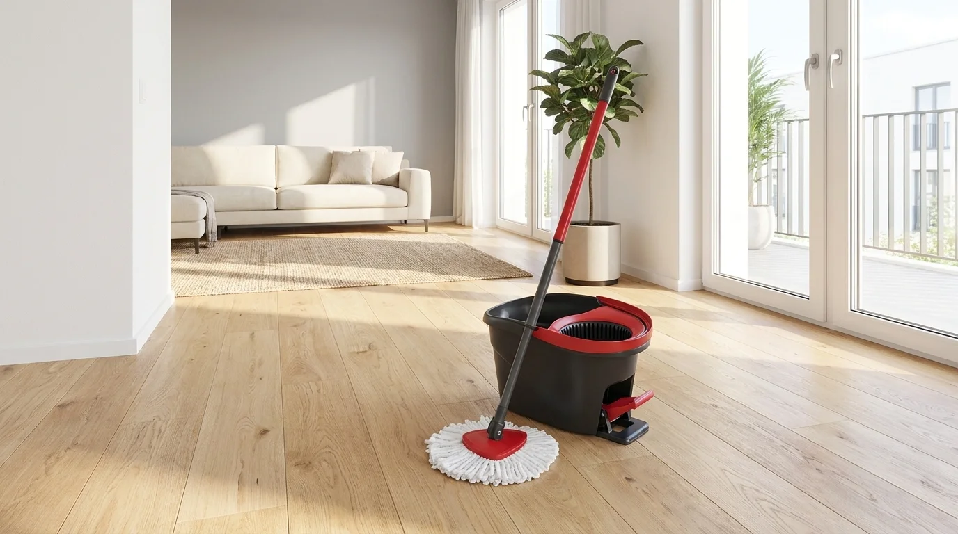 Třásňový mop a kbelík se šlapacím pedálem Vileda Easy Wring and Clean stojící na světlé dřevěné podlaze v pokoji.