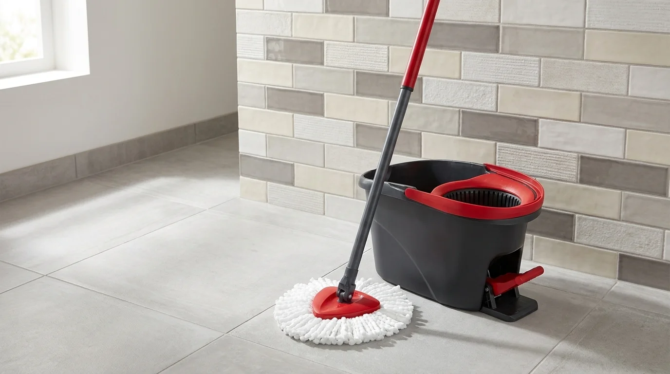 Třásňový mop Vileda Easy Wring and Clean s kbelíkem se šlapacím pedálem postavený na dlažbě.