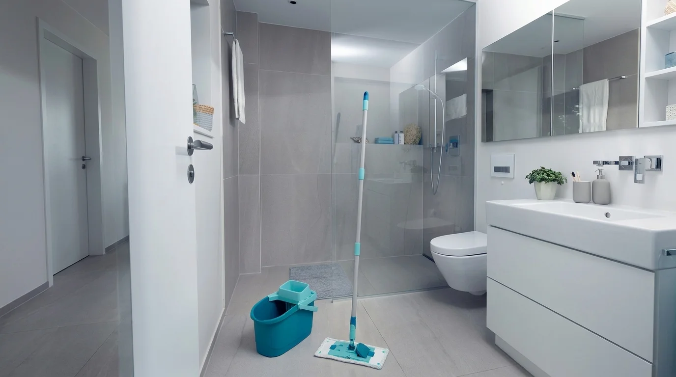 Tyrkysové vědro Leifheit se ždímacím nástavcem a mop stojící na podlaze v moderní koupelně.