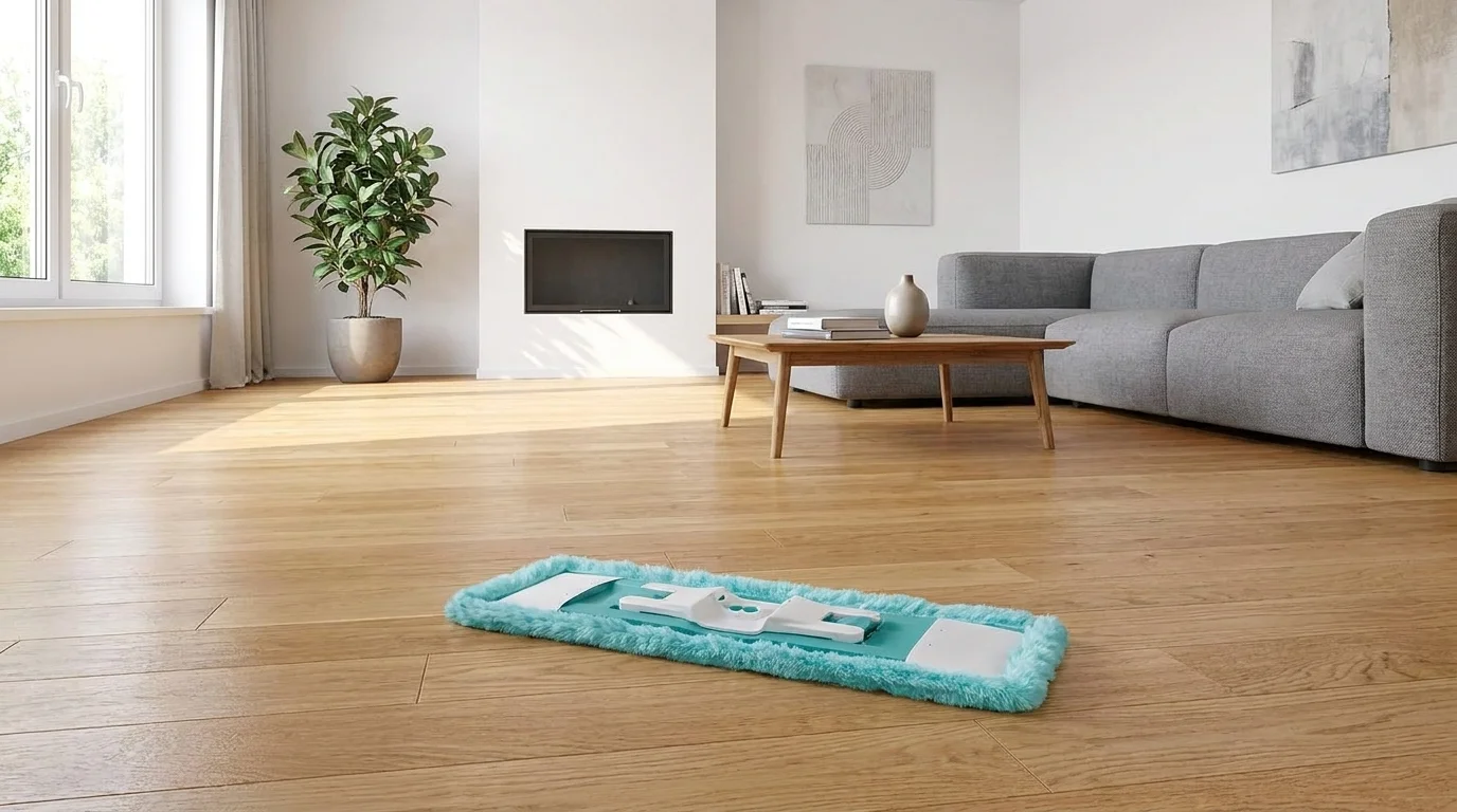 Modrá náhrada k mopu Leifheit Clean Twist M Ergo ležící na dřevěné podlaze v moderním obývacím pokoji.