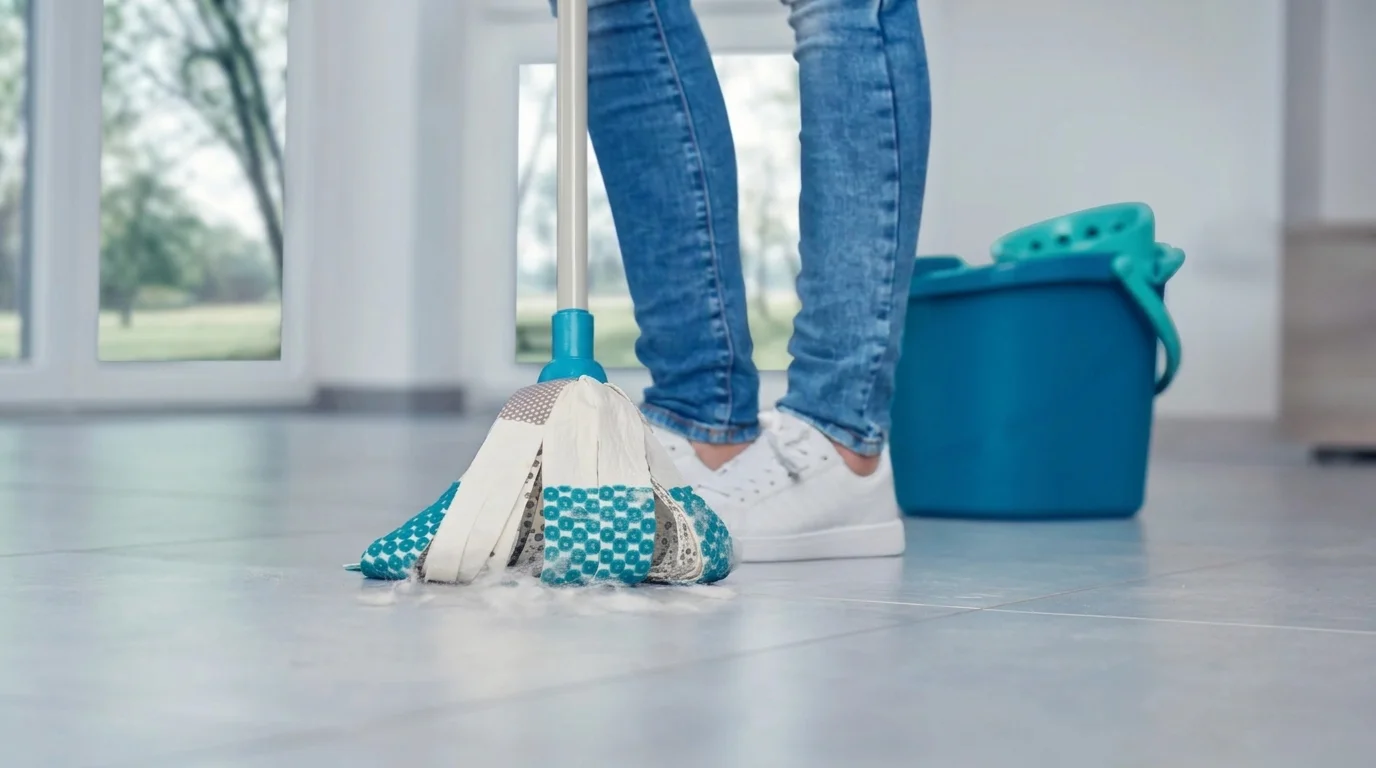 Použití třásňového mopu Leifheit Power 3v1 na dlažbě s modrým kbelíkem v pozadí.
