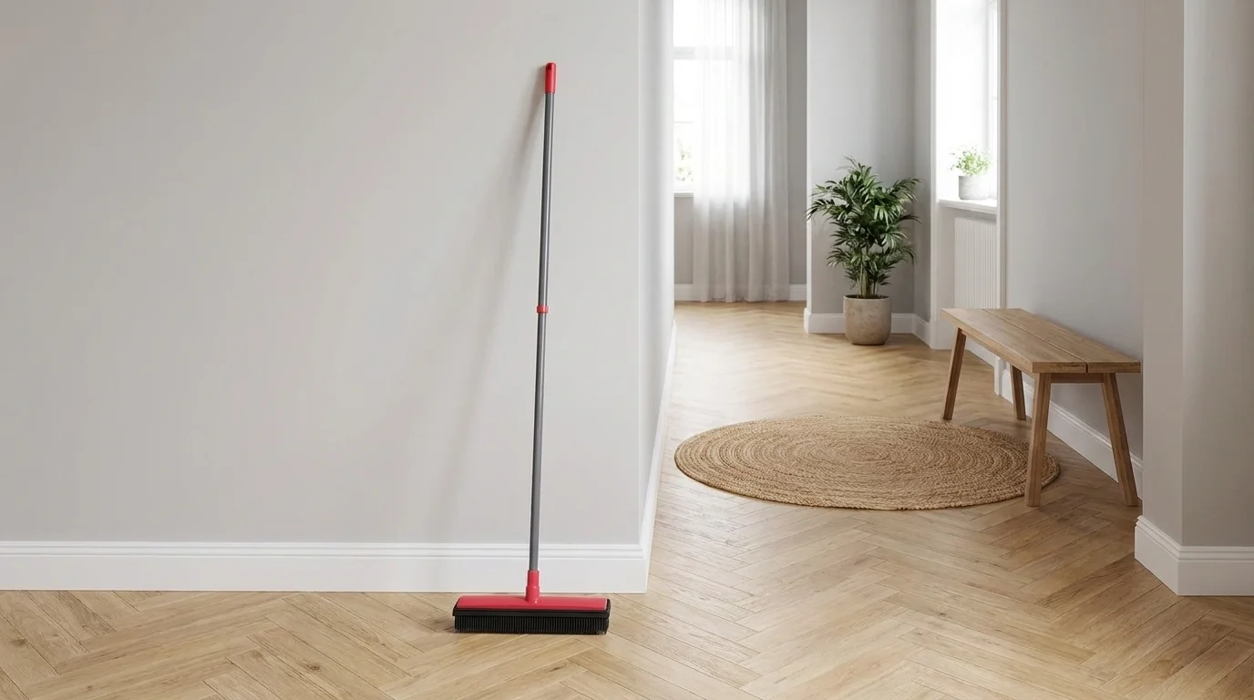 Gumový smeták Lamart LT8082 s teleskopickou tyčí opřený o světlou zeď na dřevěné parketové podlaze.