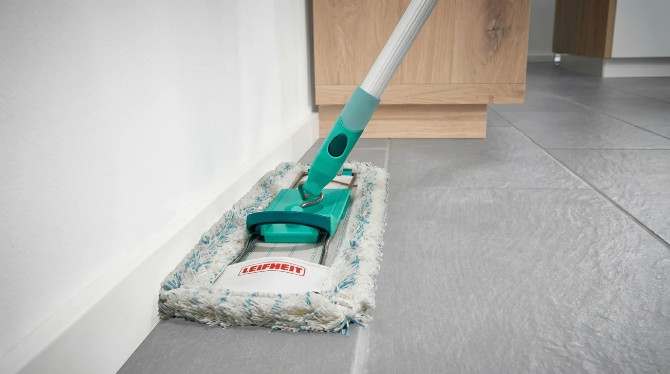 Návlek na mop Leifheit Profi Cotton Plus nasazený na mopu při vytírání šedé dlažby podél zdi.