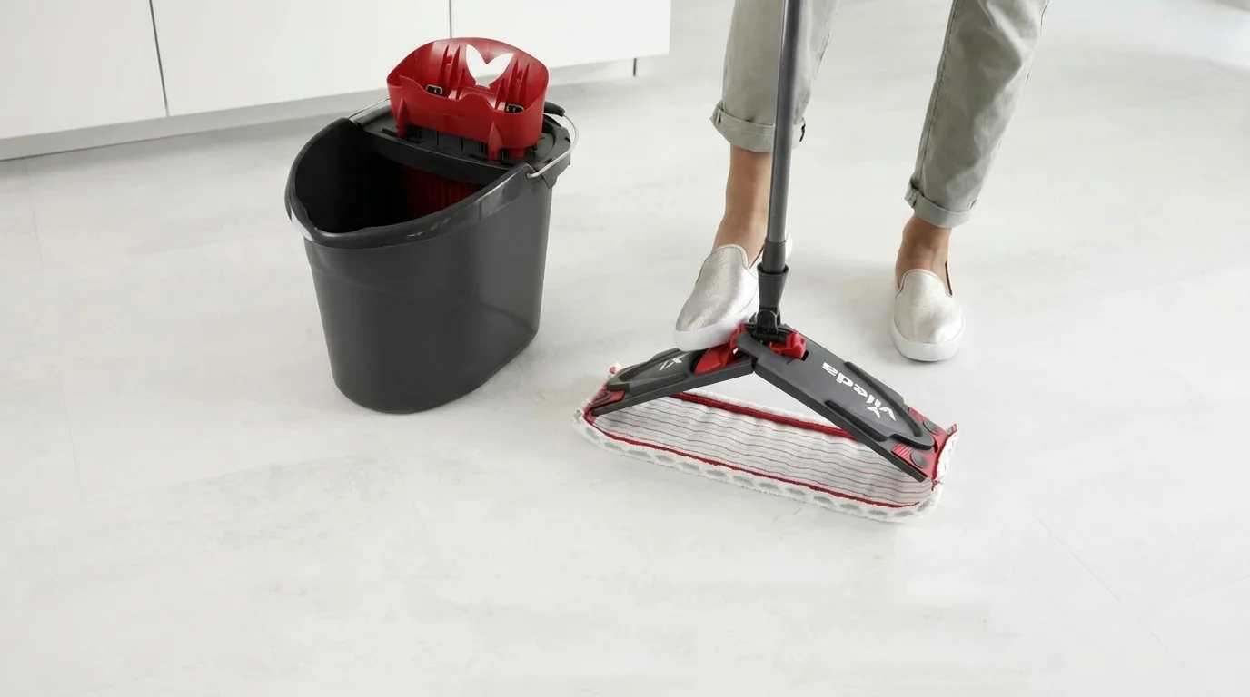 Plochý mop Vileda Ultramax XL so sklopenou hlavicou pri čiernom vedre s červeným žmýkacím košom.