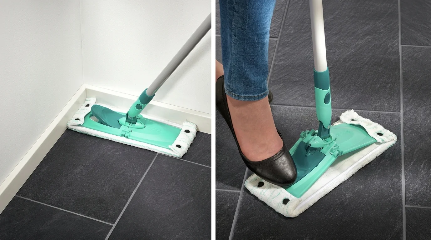 Mop Leifheit s návlekem Micro Duo při úklidu podél zdi a uvolnění hlavice sešlápnutím nohou.