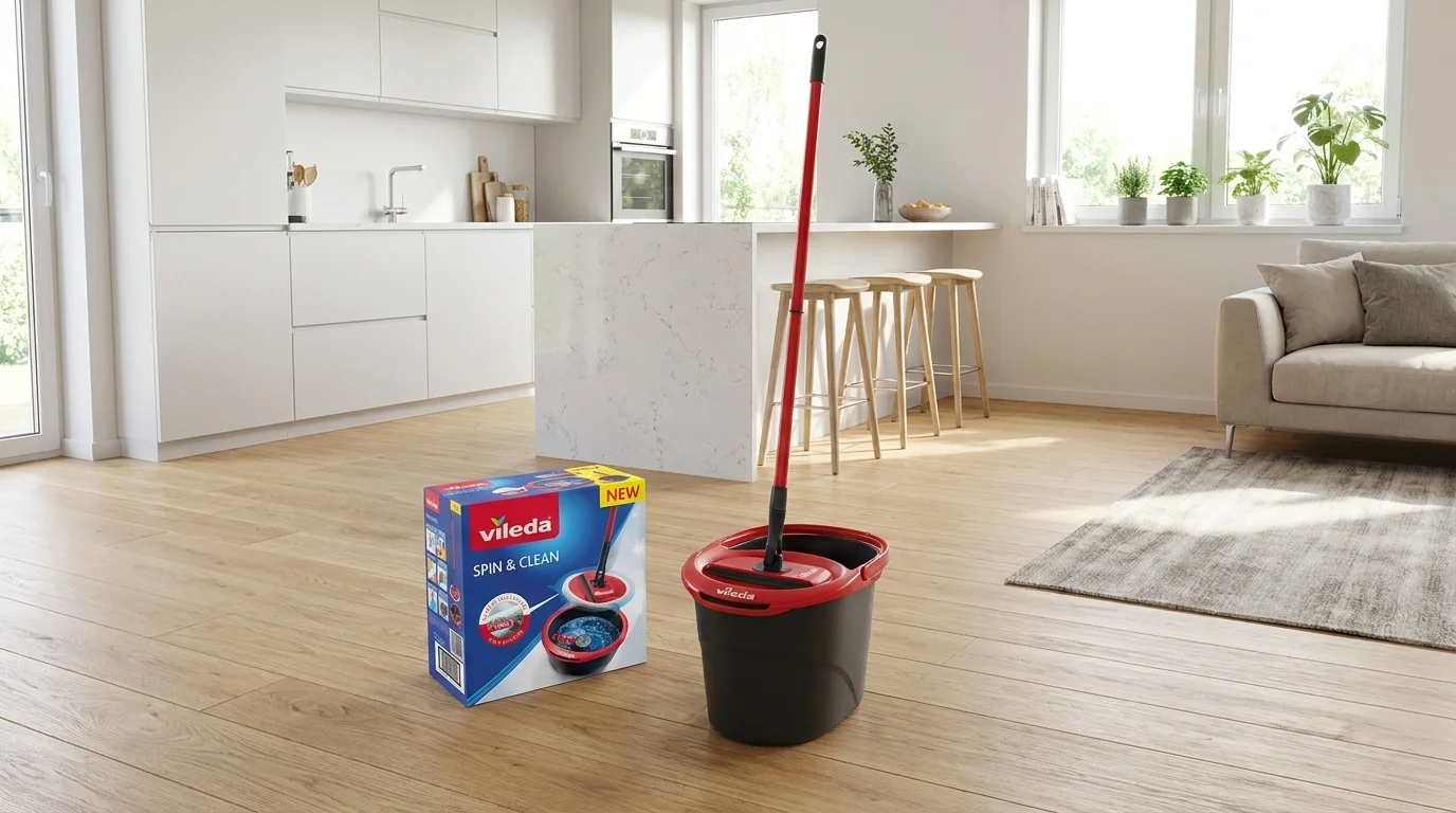 Mop sada Vileda Spin & Clean s kbelíkem a originálním balením stojící na podlaze v moderním světlém interiéru.