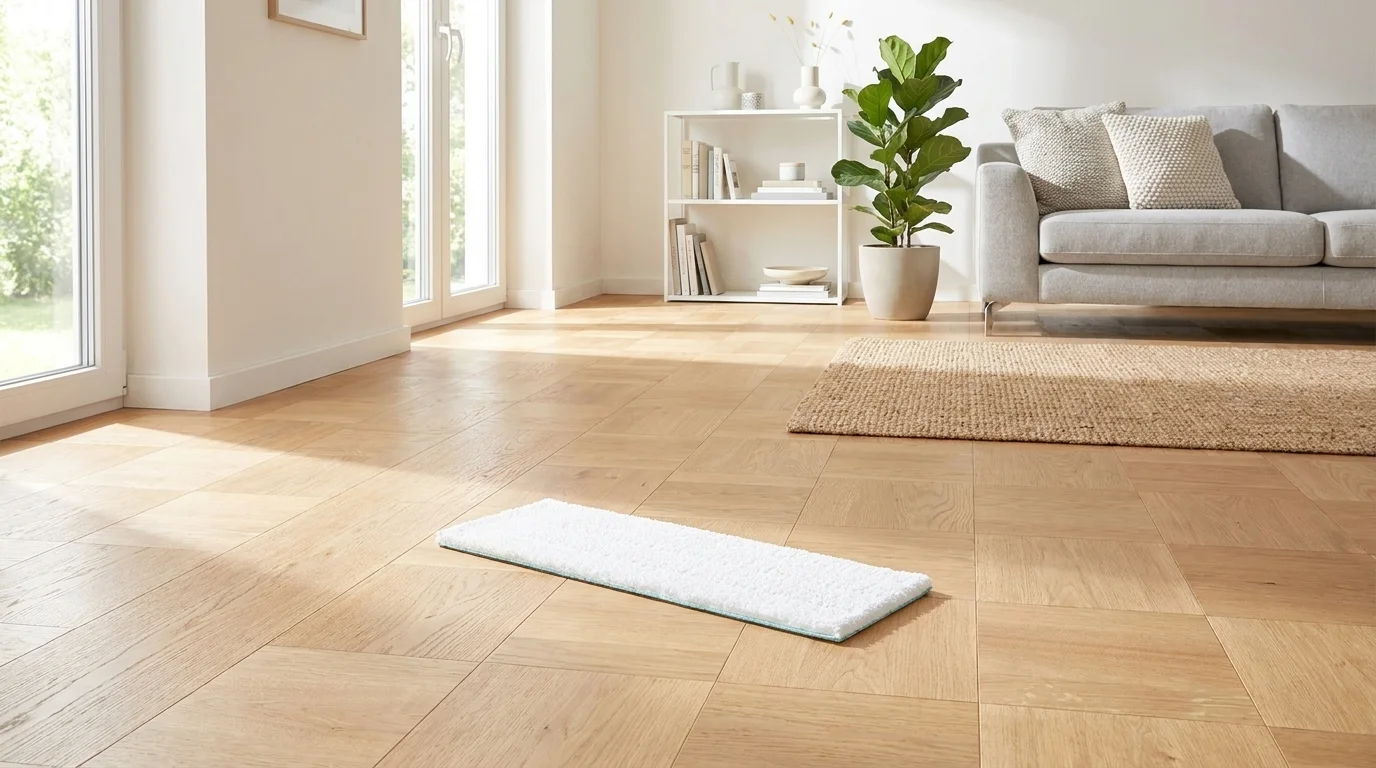 Bílý náhradní mop Leifheit Picobello M položený na světlé dřevěné podlaze v obývacím pokoji.