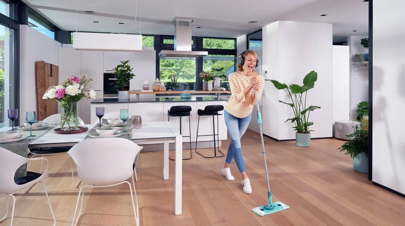 Usměvavá žena se sluchátky vytírá dřevěnou podlahu v moderní kuchyni pomocí mopu Leifheit Clean Twist M Ergo.