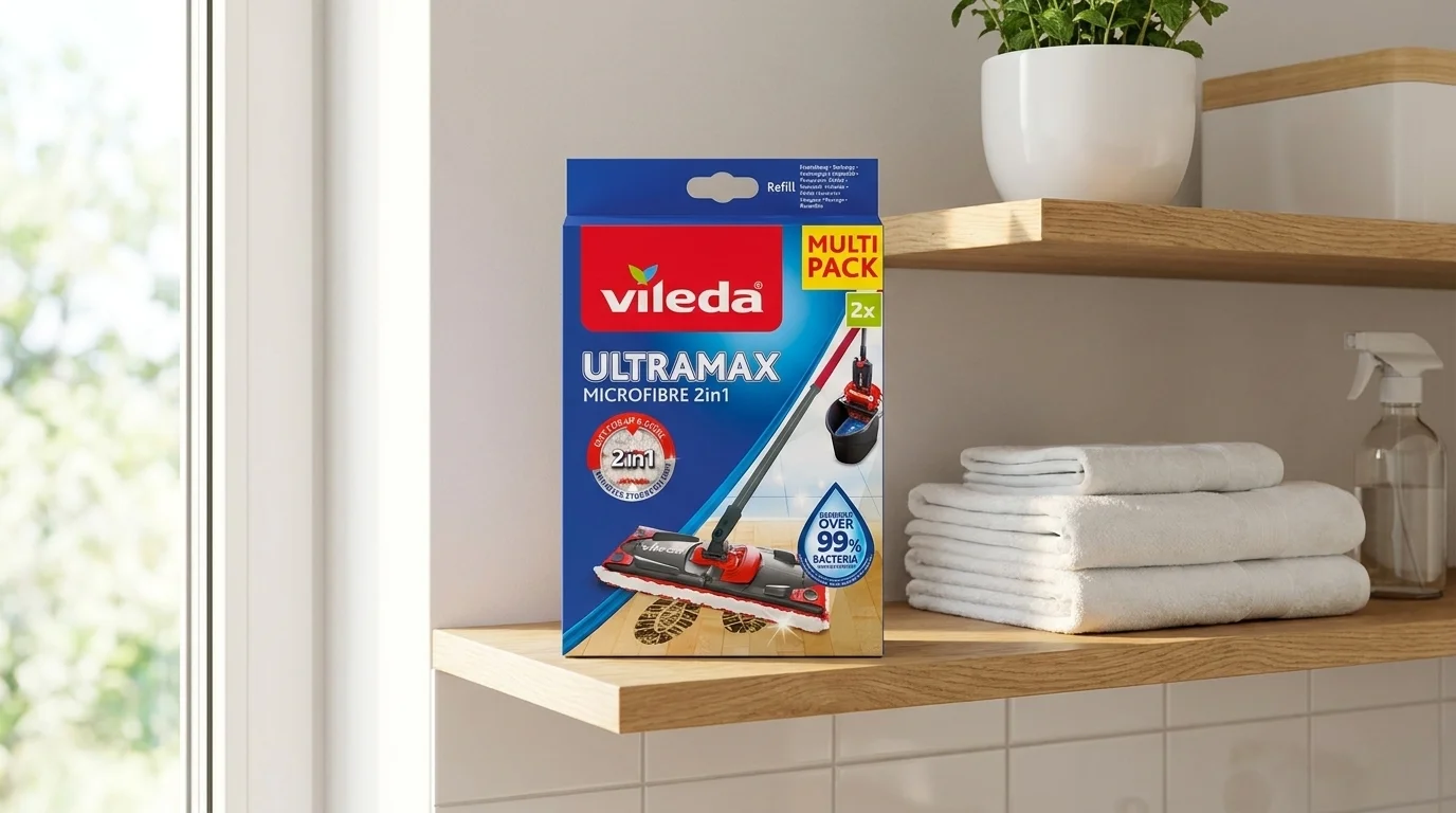 Balení náhradních mopů Vileda Ultramax Microfibre 2v1 na dřevěné polici vedle složených ručníků.