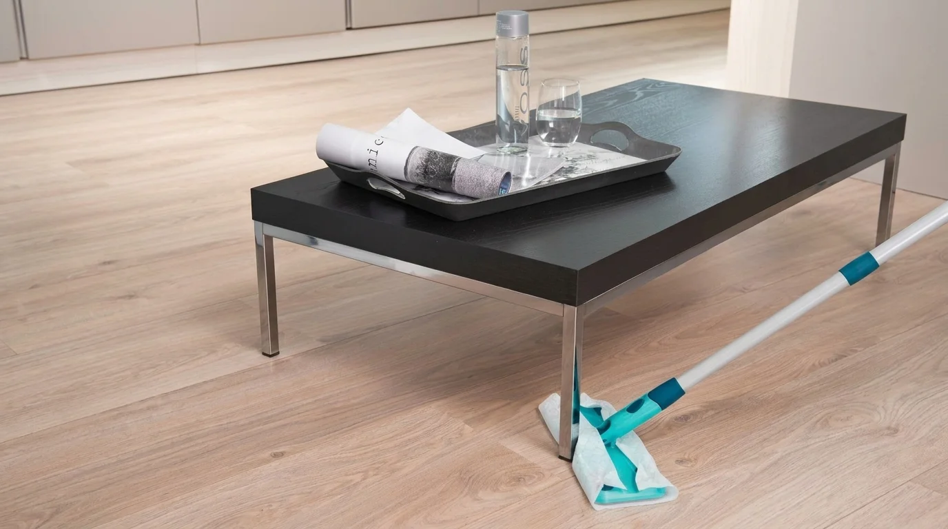 Mop Leifheit Clean & Away s jednorázovým hadříkem stírá podlahu kolem nohy konferenčního stolku.