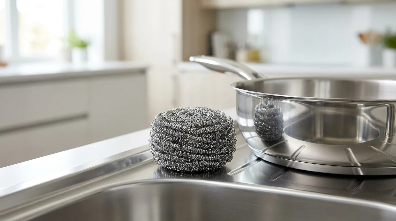 Nerezová drátěnka Vileda Inox položená na kuchyňském dřezu vedle nerezové pánve.