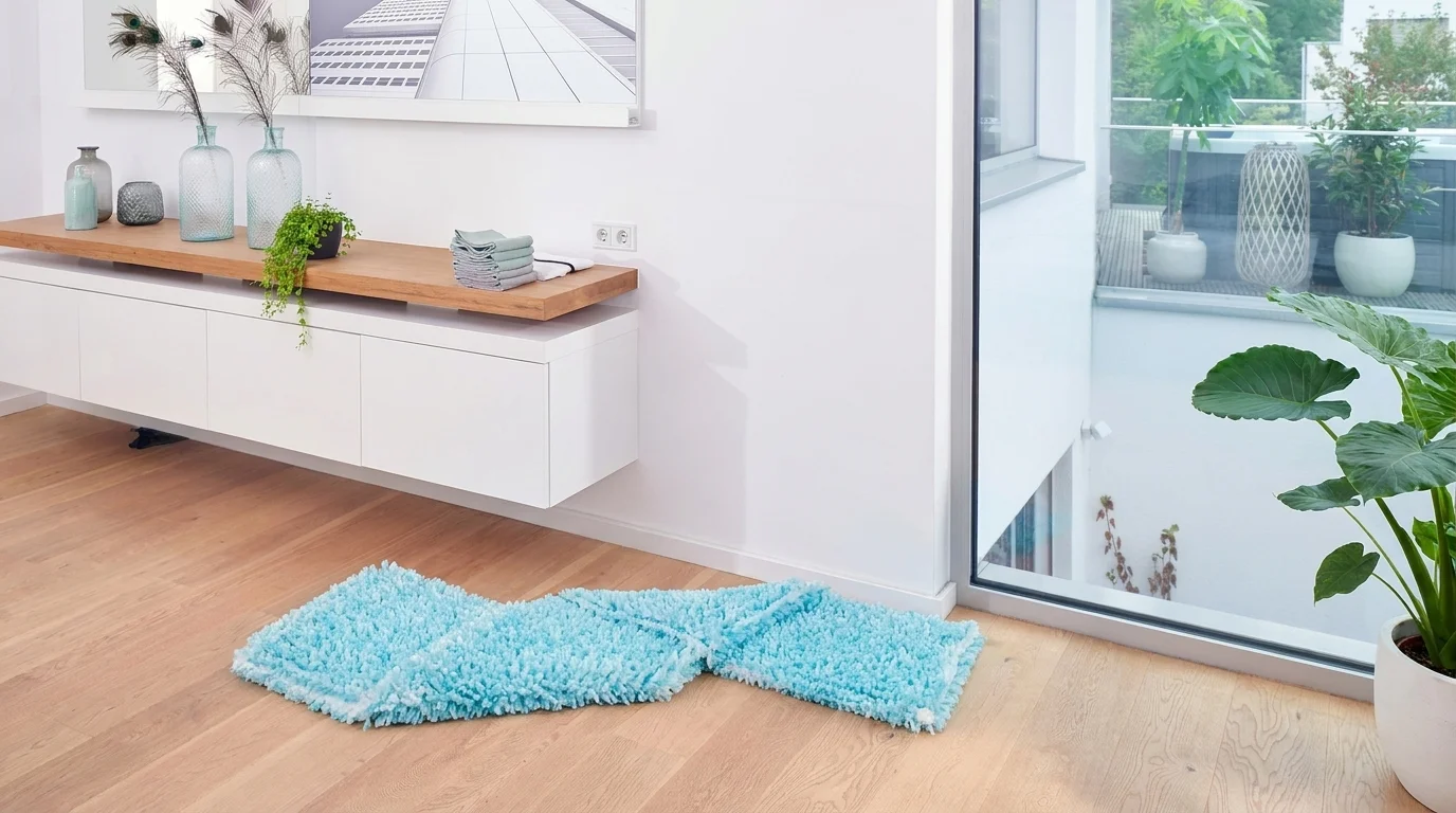 Světle modrá náhrada k mopu Leifheit Clean Twist rozprostřená na dřevěné podlaze v moderním interiéru.