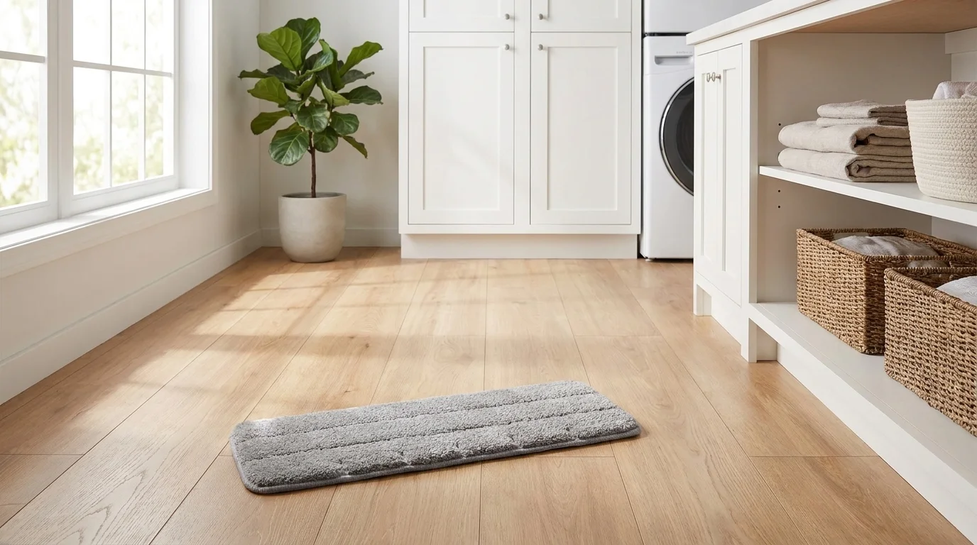 Sivý mikrovláknový návlek na mop Lamart LT8078 Clean položený na drevenej podlahe vo svetlej miestnosti.