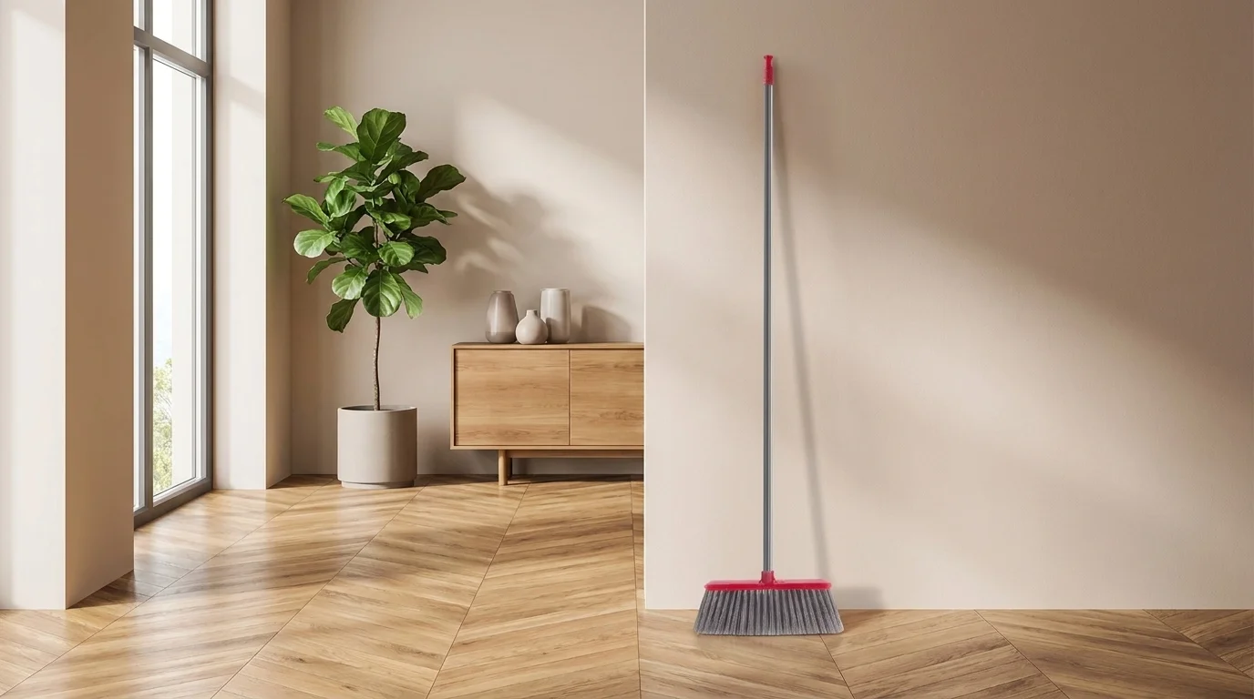 Smeták Lamart LT8069 Clean s červenou hlavicí a šedými štětinami stojí u stěny na dřevěné podlaze.