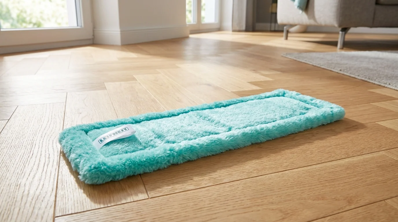 Tyrkysový návlek na mop Leifheit Profi Static Plus položený na dřevěné podlaze.