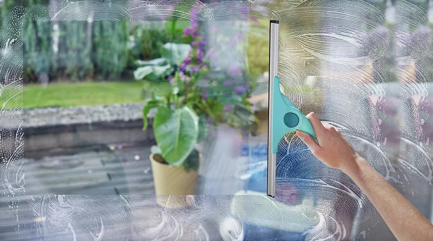 Ruka stírá pěnu z okna tyrkysovou stěrkou Leifheit Window Slider.