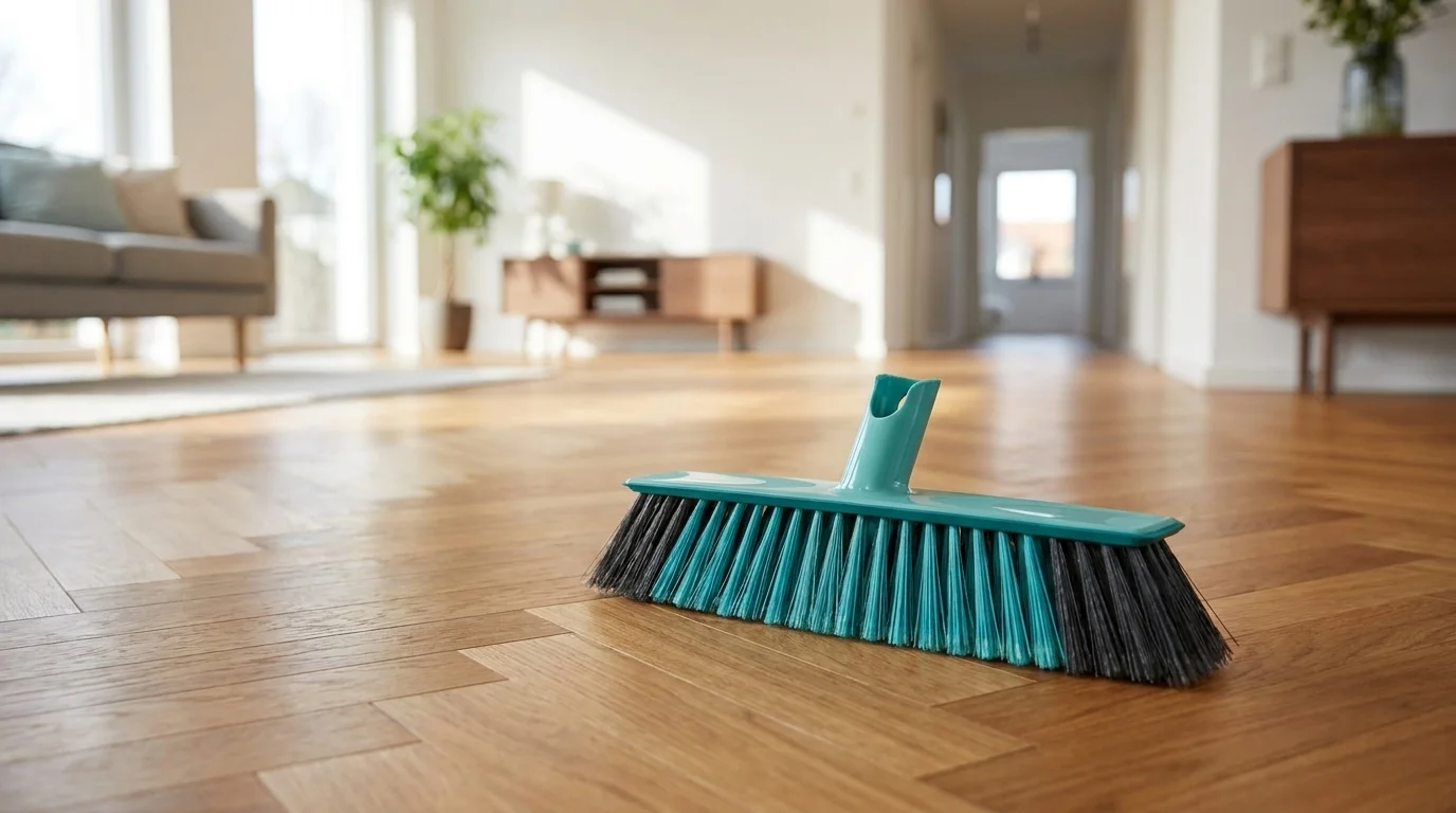 Tyrkysový nástavec na smeták Leifheit Xclean stojí na dřevěné podlaze v moderním interiéru.