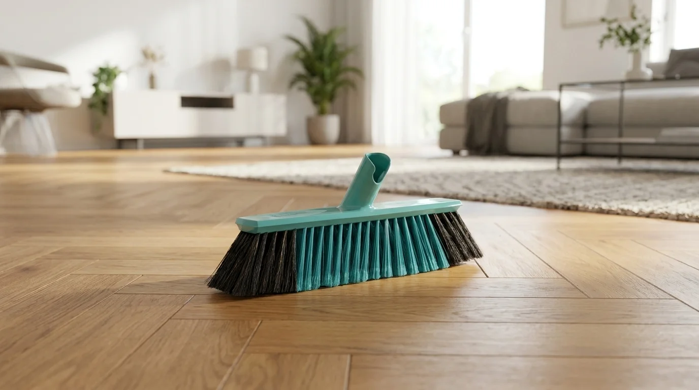 Tyrkysový nástavec na smeták Leifheit Xclean stojí na dřevěné podlaze ve světlém moderním obývacím pokoji.