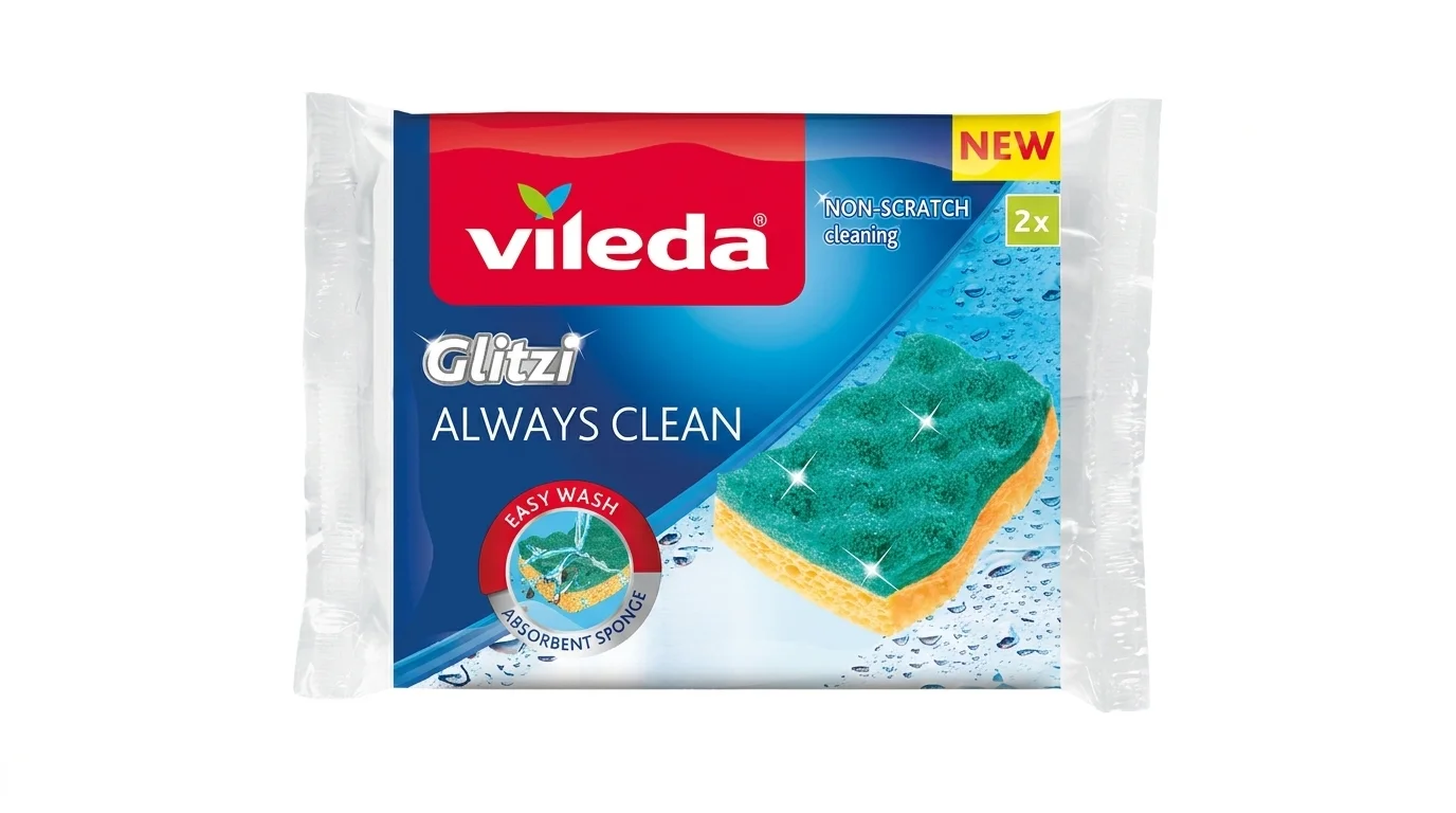 Balenie dvoch hubiek na riad Vileda Glitzi Always Clean s vyobrazenou žlto-zelenou hubkou a kvapkami vody.