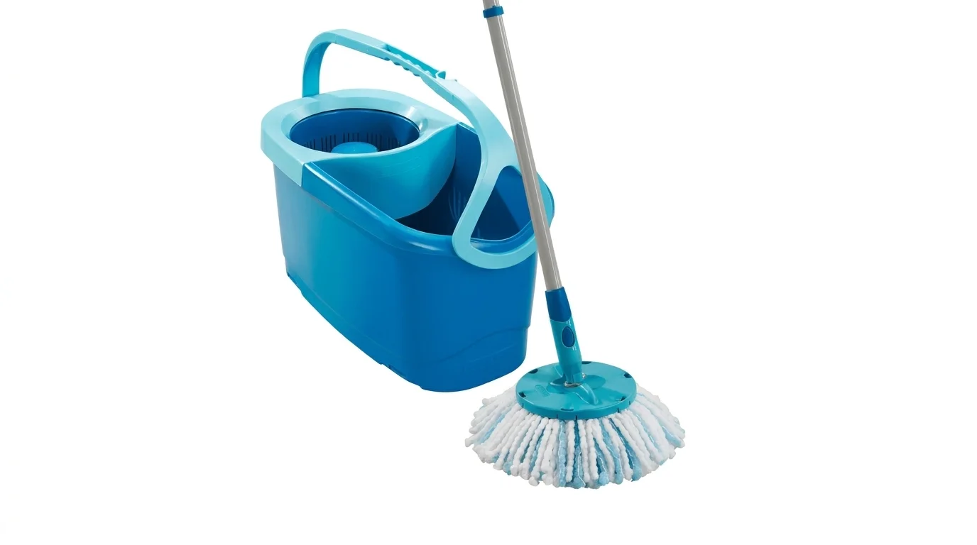 Modré vědro se ždímací rotační komorou a třásňový mop ze sady Leifheit Clean Twist Disc Ergo.