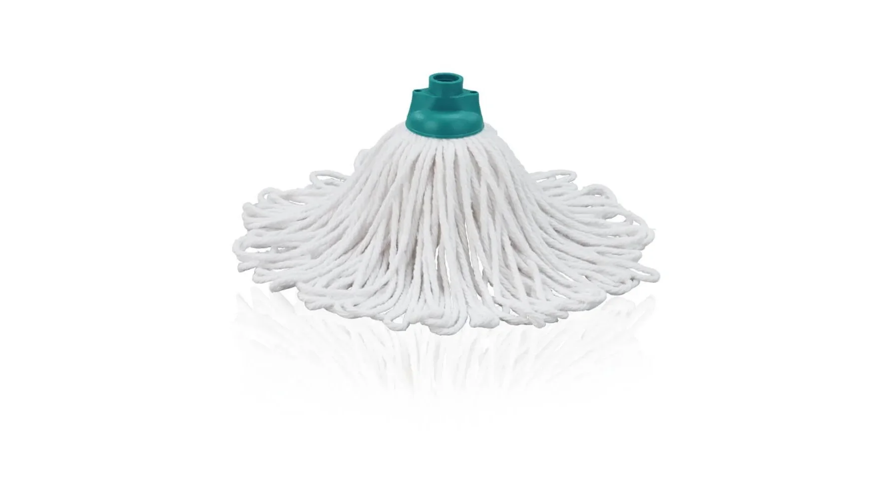 Náhradní hlavice k mopu Leifheit Classic Cotton s bílými bavlněnými třásněmi a zeleným úchytem.