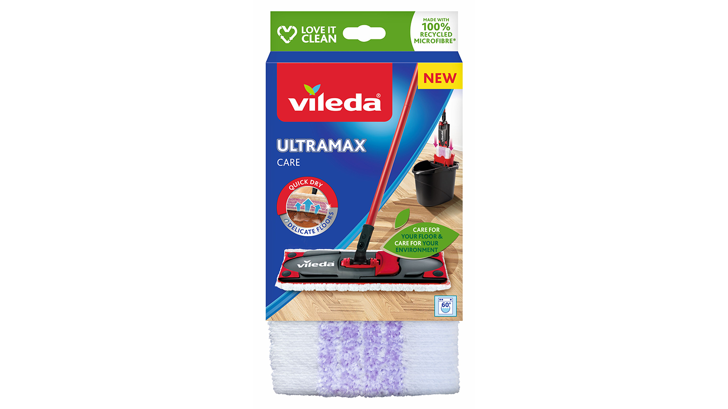 Balenie náhrady k mopu Vileda Ultramax Care s bielym mikrovláknovým návlekom s fialovými pruhmi.