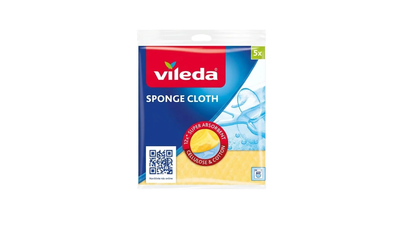 Balení pěti kusů žlutých houbových hadříků Vileda v modrém obalu s označením Sponge Cloth.