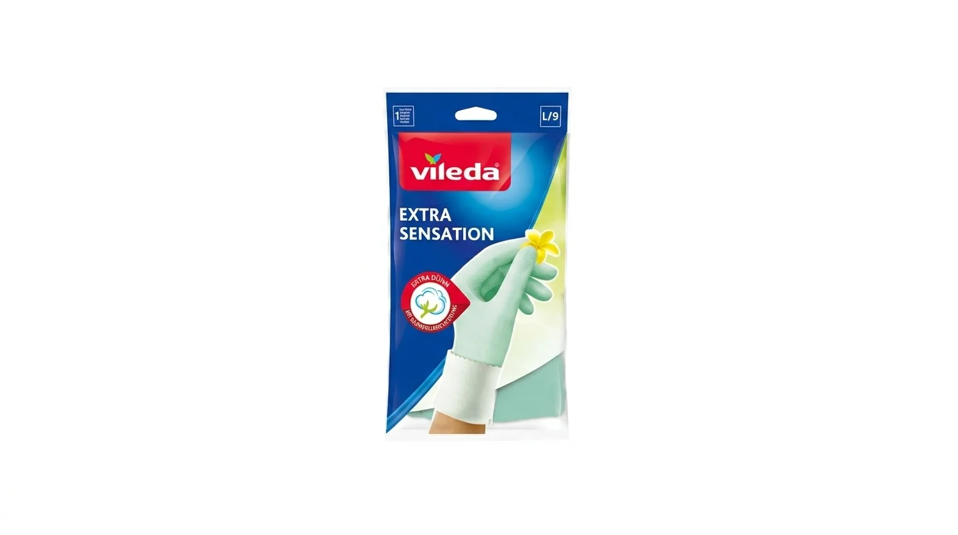 Balení rukavic Vileda Extra Sensation velikosti L/9 s vyobrazenou rukou v zelené rukavici držící žlutý květ.