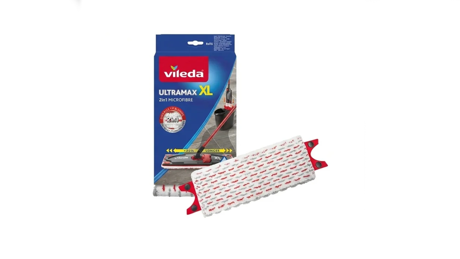 Náhradní návlek Vileda Ultramax XL Microfibre 2v1 s červenými a šedými vlákny vedle originálního balení.